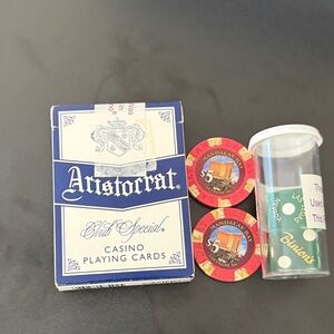 Vegas Casino Playing Cards with Red Chips (Mandalay Bay) & Green Dice (Binion’s)